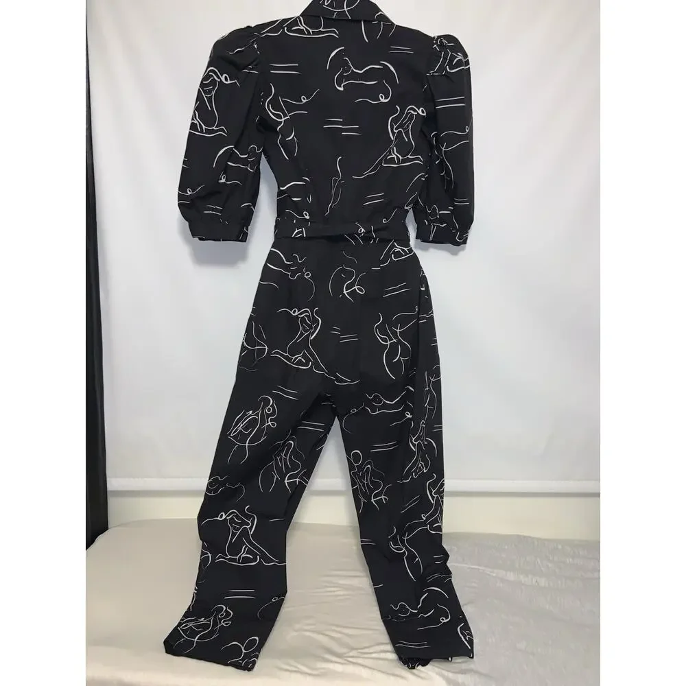 LHD Black Women’s Sz 8 All Over Ladies Figure Graphic Print Puff Sleeve Jumpsuit - Picture 3 of 8
